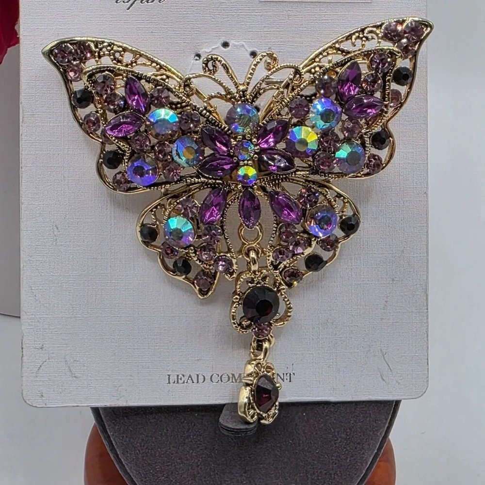Jewelry is Fun Butterfly Brooch Rhinestone Enamel Gold Tone Purple‎ New Glam